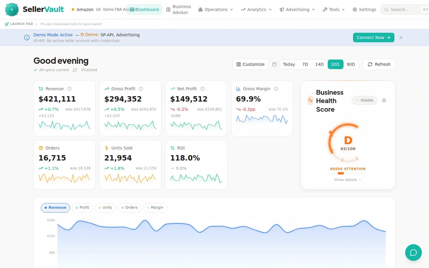 SellerVault dashboard with unified sourcing, profit, and inventory data